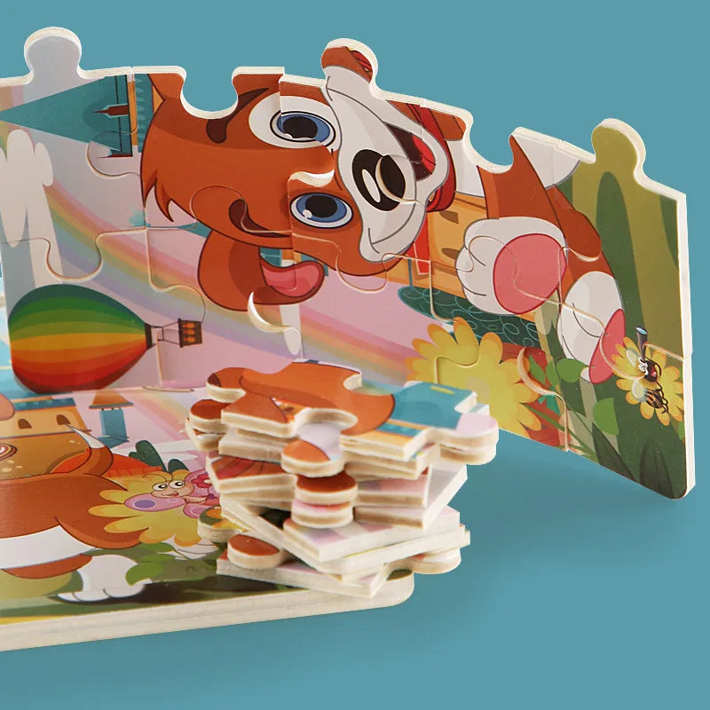 20PCS Wooden 3D Cartoon Animal & Vehicle Puzzle – Montessori Educational Jigsaw Toys for Kids Ages 1–3