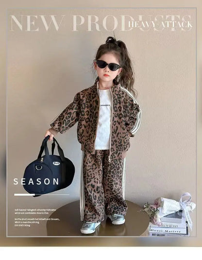 Girls' Spring Sportswear Set – Stylish Leopard Pattern Top & Pants Two-Piece Outfit for Children