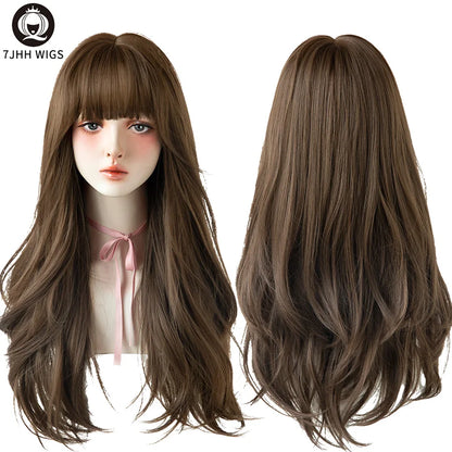 7JHH Brown Ash Long Deep Wave Lolita Wig for Women — Synthetic Hair with Bangs, Thick Curly Fashion Wig