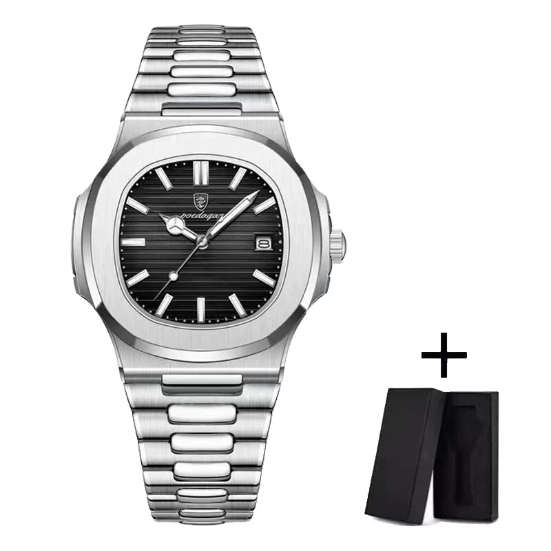 POEDAGAR Luxury Men's Watch – 30ATM Waterproof, Stainless Steel Square Quartz, Luminous Date, Business reloj hombre