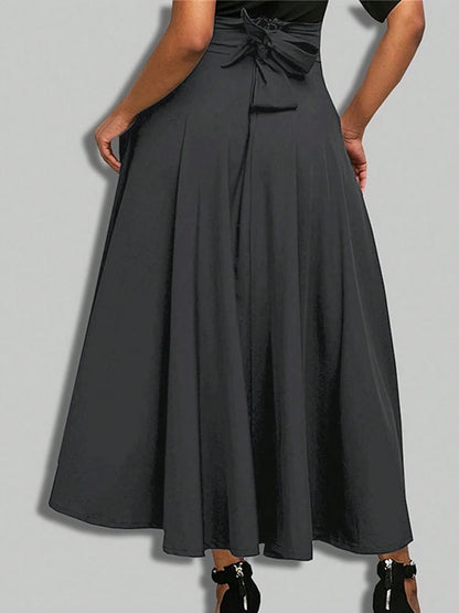Women’s Solid Color A-Line Skirt – High Elastic Waist Long Elegant Skirt with Bow Detail Casual Fashion Skirt for Women Clothing
