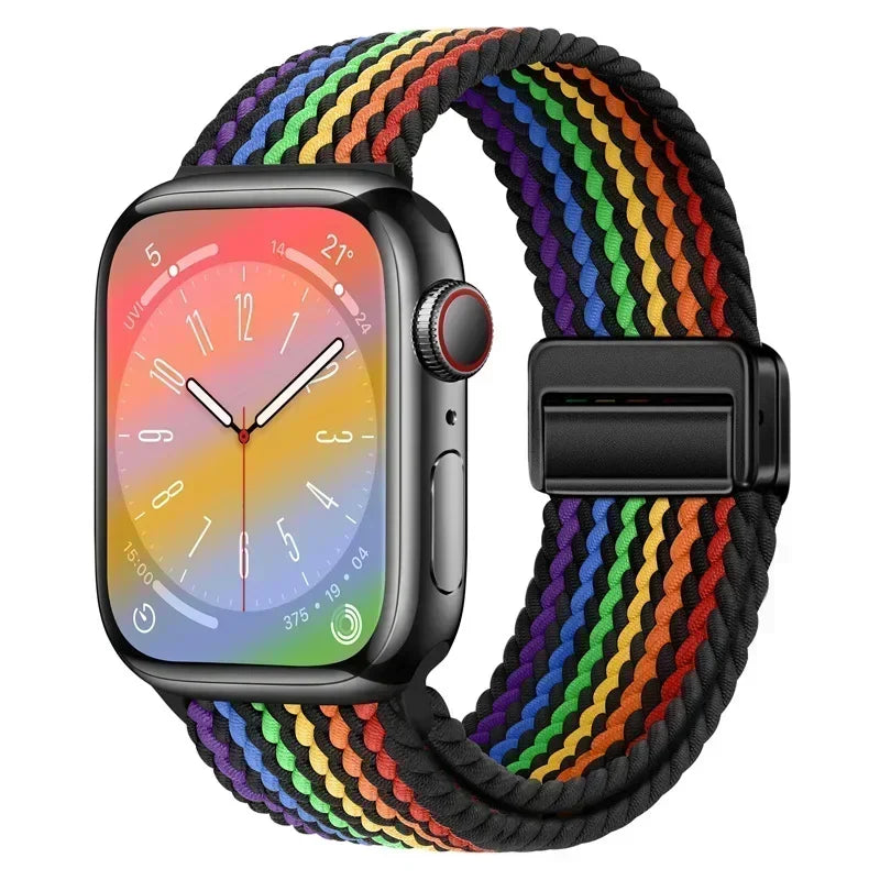 Nylon Braided Loop Apple Watch Band – Magnetic Metal Bracelet Strap for Ultra 2, Series 3–9 & SE (40mm–49mm) Adjustable Wristband