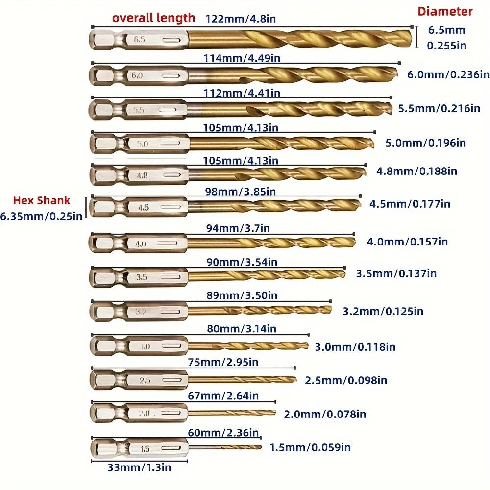 Hexagonal Handle 13-Piece Titanium Twist Drill Bit Set, 1.5-6.5mm Electric Drill and Screwdriver Reaming Tool