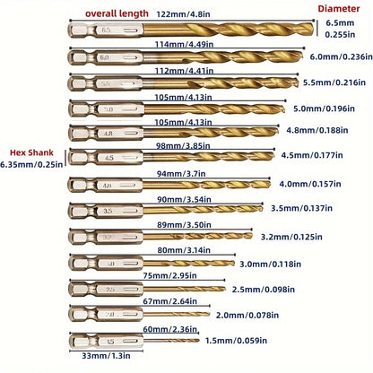 Hexagonal Handle 13-Piece Titanium Twist Drill Bit Set, 1.5-6.5mm Electric Drill and Screwdriver Reaming Tool
