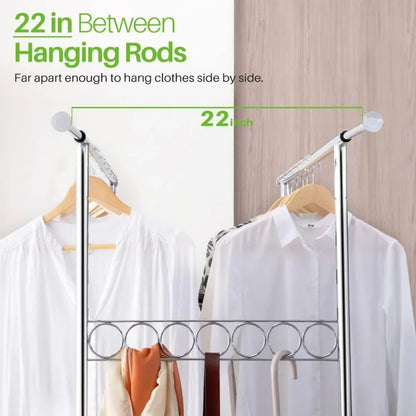 Double Clothing Garment Rack with Shelves – Rolling Clothes Rack on Wheels, 600LBS Capacity for Hanging Clothes