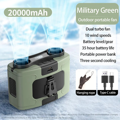 20000mAh Outdoor Portable Waist Fan - Hanging Neck Fan with Strong Wind, Power Bank & LED Lighting for Sports & Outdoor Work