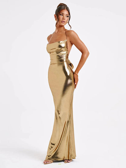 Women’s Summer Dress – Sexy Backless Halter Strap Bandage Long Dress, Slim Solid Off-Shoulder Clubwear & Streetwear