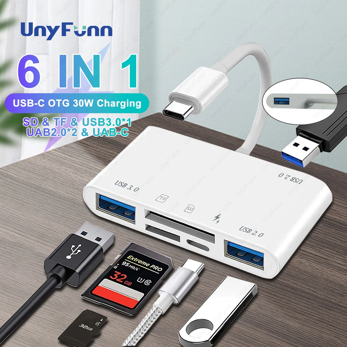 6-in-1 USB-C SD TF Card Reader Adapter with USB 3.0 OTG & 30W Fast Charging Port