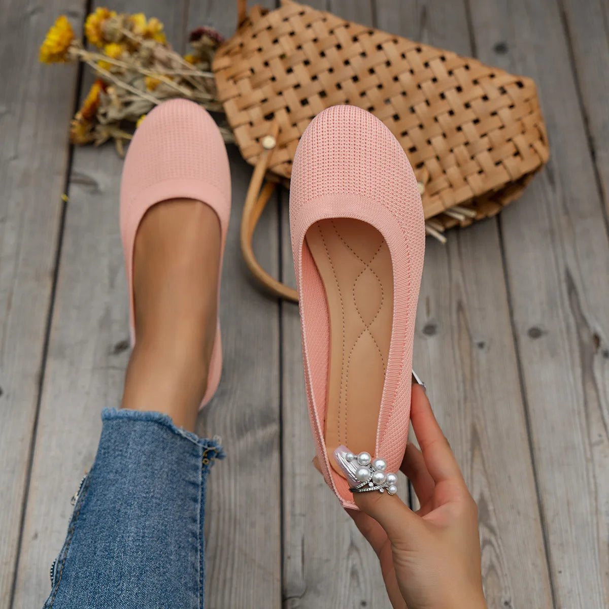 Women’s Round Toe Knit Flats – Comfortable Slip-On Ballet Shoes, Casual Office Moccasins & Plus Size Boat Shoes