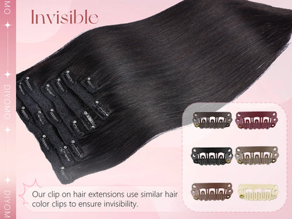 Natural Black Straight Human Hair Extensions - 7-Piece PU Clip-In Invisible Weft Set 116g
