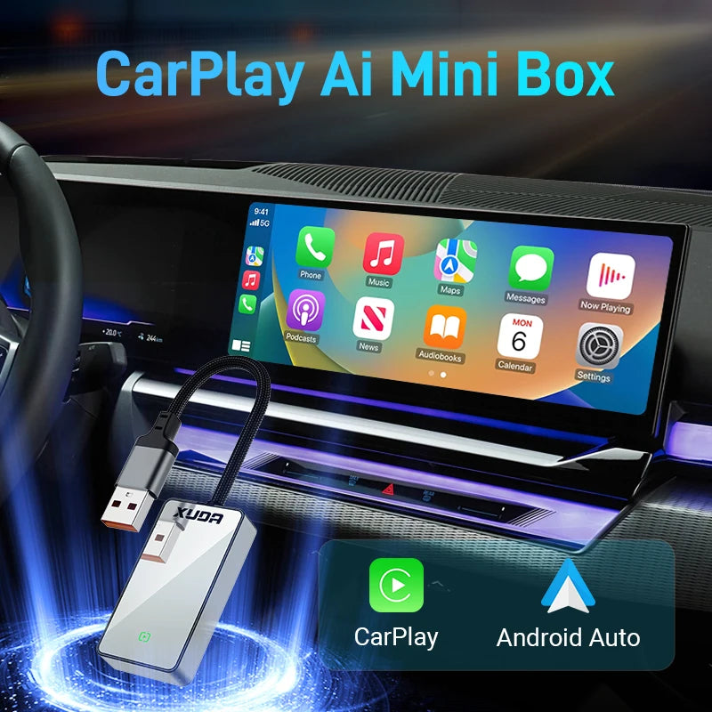 Wired to Wireless 2 in 1 Carplay and Android Auto Adapter - Glass Rearview Mirror Mini AI Box, USB/C Plug & Play for OEM Cars