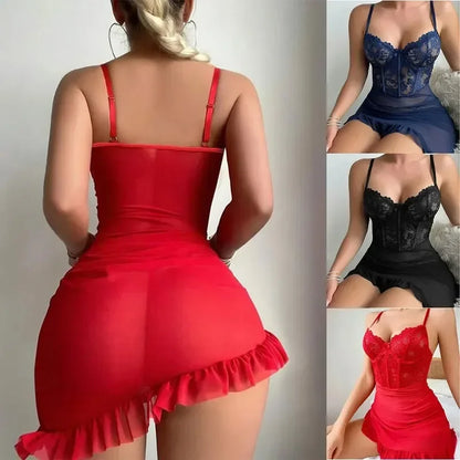 Transparent Underwire Bra & Lingerie Set — Sexy See-Through Lace Nightdress Pajamas for Women
