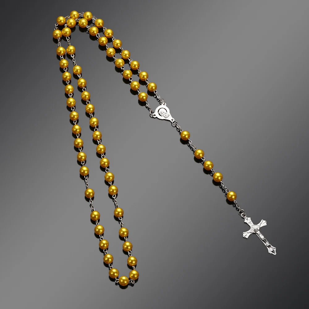 Rosary Beads Cross Necklace – Catholic Virgin Mary Pendant Chain Religious Jewelry Gift for Men & Women Prayer Charm
