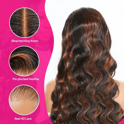 Ombre Highlight Body Wave Wig – 13x4 Lace Front, 1B/30 Black Brown HD Brazilian Human Hair Wig for Women