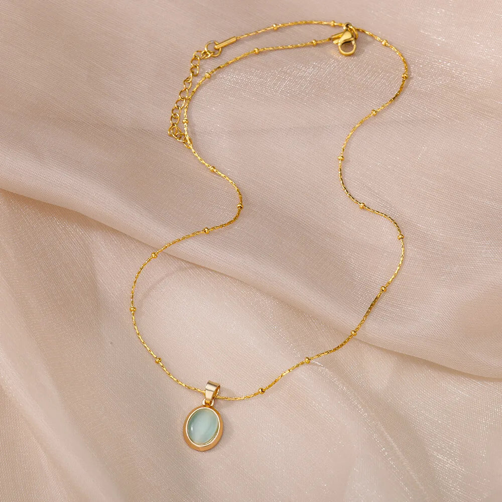 Fashion Opal Oval Necklace for Women – Gold Stainless Steel Pendant, Aesthetic Wedding Jewelry Gift