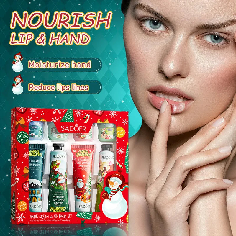 SADOER 8pcs Christmas Hand & Lip Care Set — Moisturizing Hand Cream & Lip Balm for Plump Lips and Smooth Skin