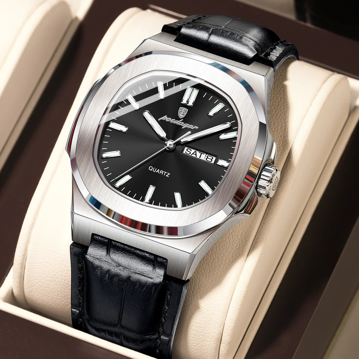 POEDAGAR Luxury Men’s Square Quartz Watch – Luminous Waterproof Leather Strap with Week Calendar