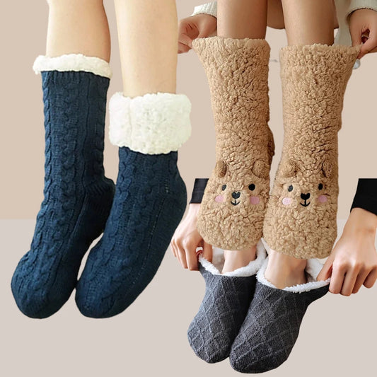 Women's Warm Solid Color Floor Socks – Non-Slip Plush Knitted Coral Fleece No Show Socks