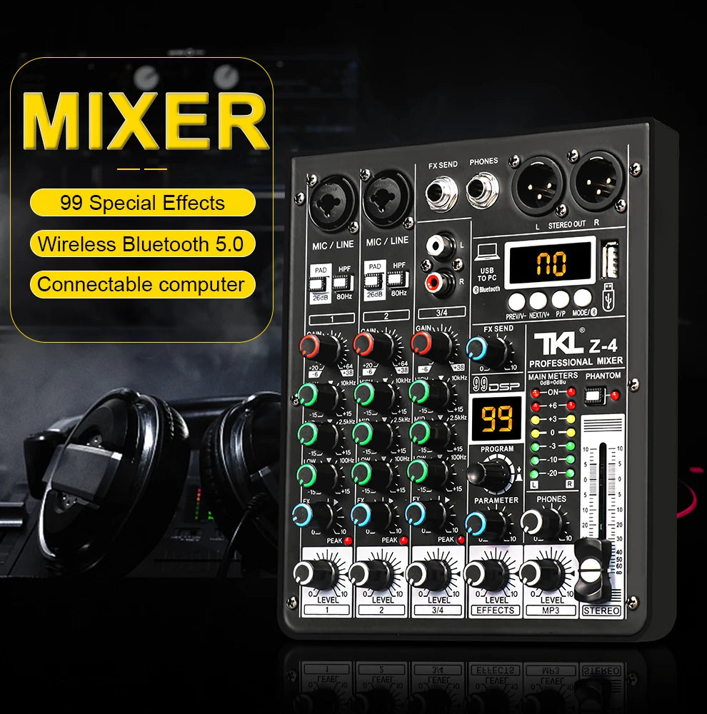 TKL 4 Channel DSP Audio Mixer – 99 Effects, 48V Phantom Power, USB, Bluetooth DJ Console for Karaoke and Studio Sound