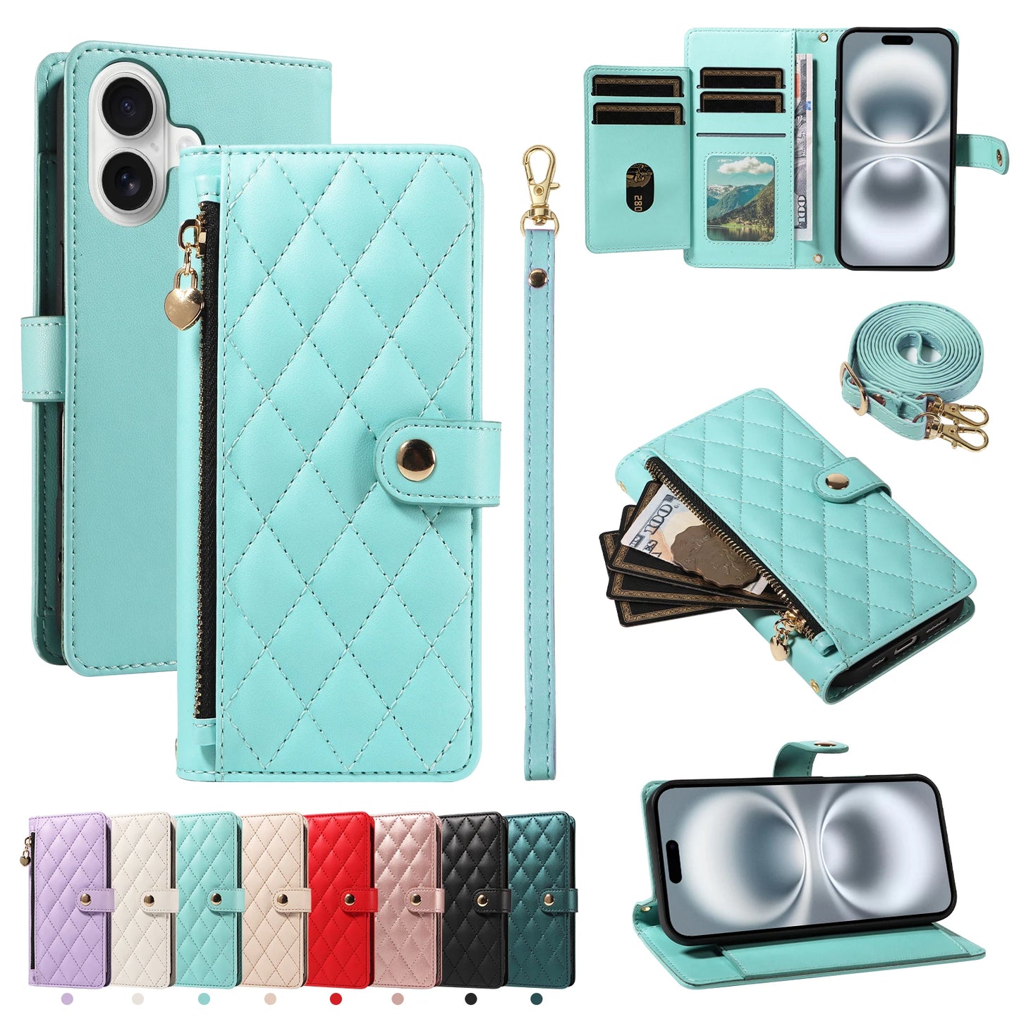 Crossbody Leather Wallet Case for iPhone – Zipper Card Slot Bag with Rhombus Design for iPhone 16/16 Pro Max/15/14/13/12/11/SE 2022