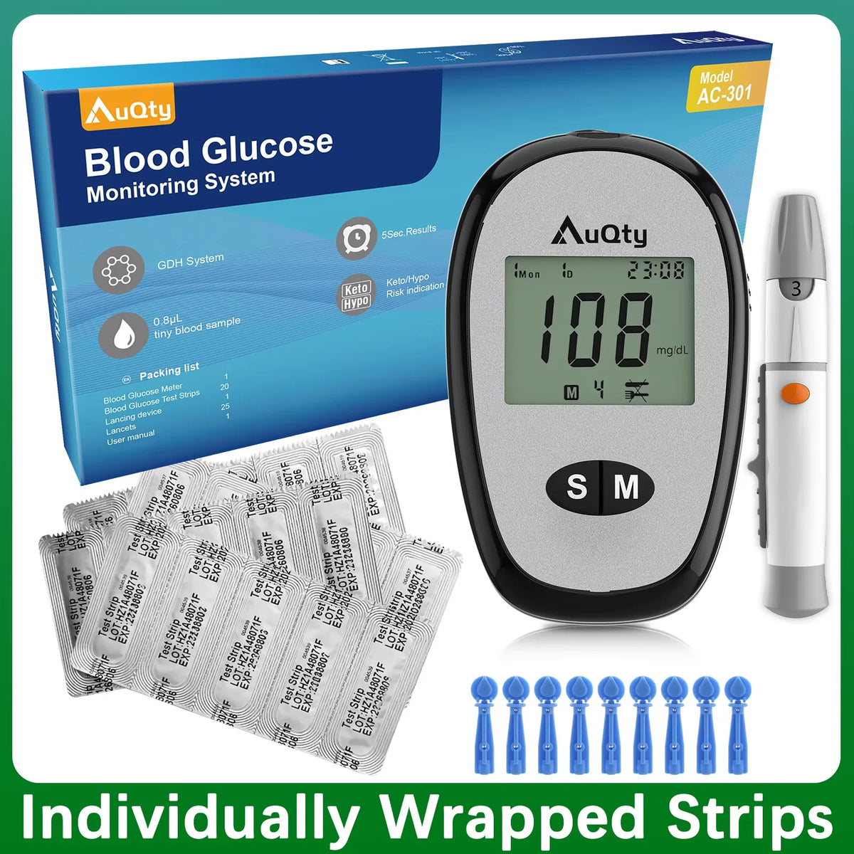 Blood Glucose Meter Kit - Digital Diabetes Monitor with Individually Wrapped Test Strips and Fast Results