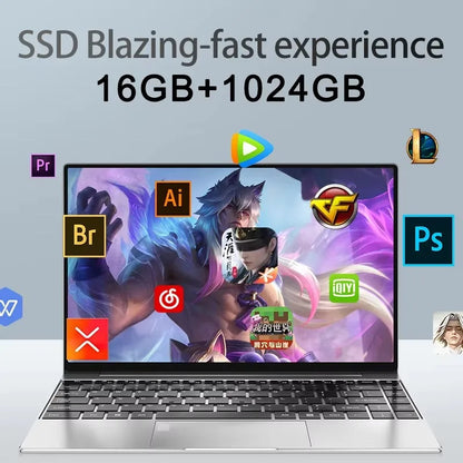 Ultra Slim 14.1" Laptop – Intel N3700, 16GB RAM, 2TB SSD, Windows 11 Pro, Full HD Notebook for Office & Study