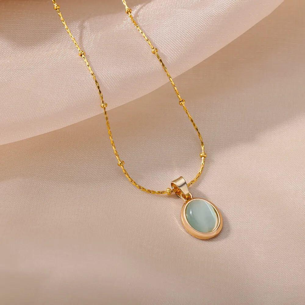 Fashion Opal Oval Necklace for Women – Gold Stainless Steel Pendant, Aesthetic Wedding Jewelry Gift
