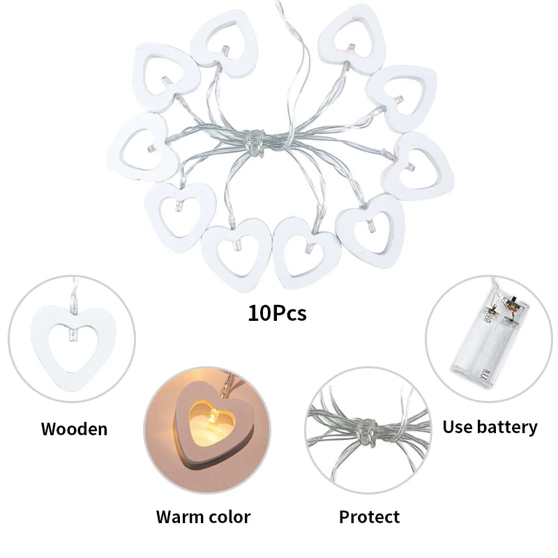 Romantic 10-Piece Valentine's Day Wooden Heart String Lights - LED Fairy Lights for Charming Love Lamp Garland, Perfect for Valentine's Day and Wedding Decor