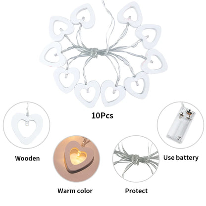 Romantic 10-Piece Valentine's Day Wooden Heart String Lights - LED Fairy Lights for Charming Love Lamp Garland, Perfect for Valentine's Day and Wedding Decor