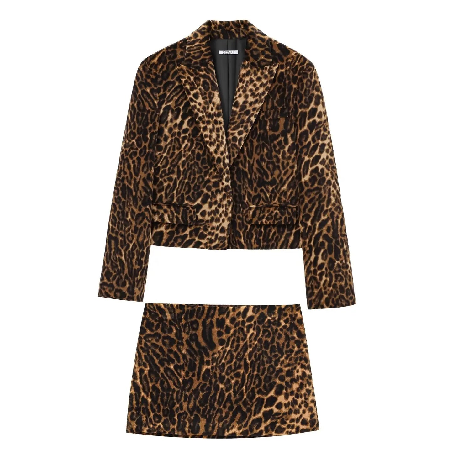 Women’s 2-Piece Leopard Print Skirt Suit – Long Sleeve Blazer Top & Mini Skirt Fashion Set