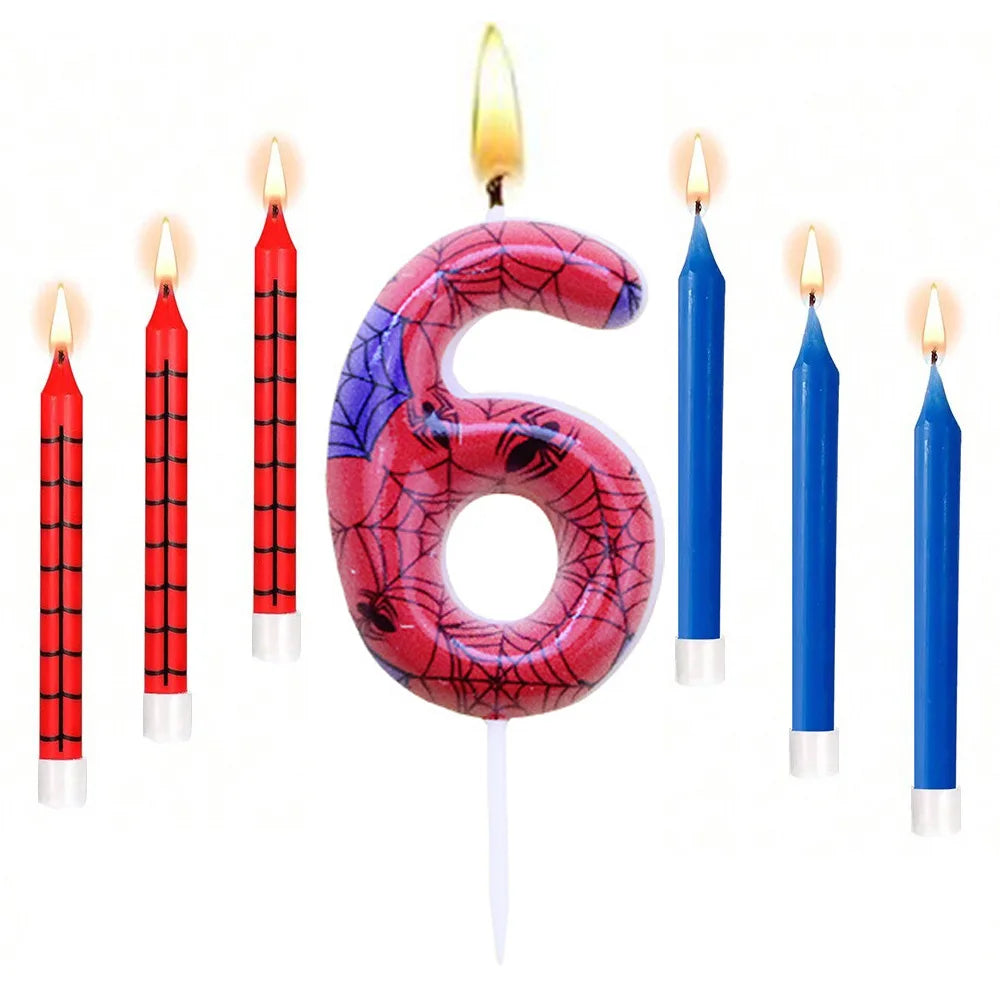 7Pcs Spider-Themed Number 4 Birthday Candles – Red & Blue Cartoon Cake Topper Decorations for Kids Party Supplies