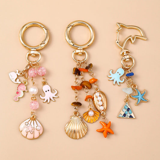 Summer Beach Shell Keychain – Octopus and Starfish Marine Life Pendant for Women, Girls, Handbag Decor, and Gifts