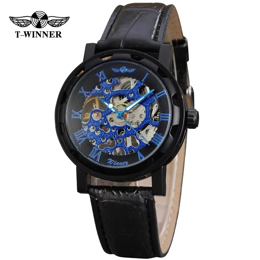 T-Winner Classic Skeleton Watch – Mechanical Hand-Wind Wristwatch with PU Leather Strap for Men & Women