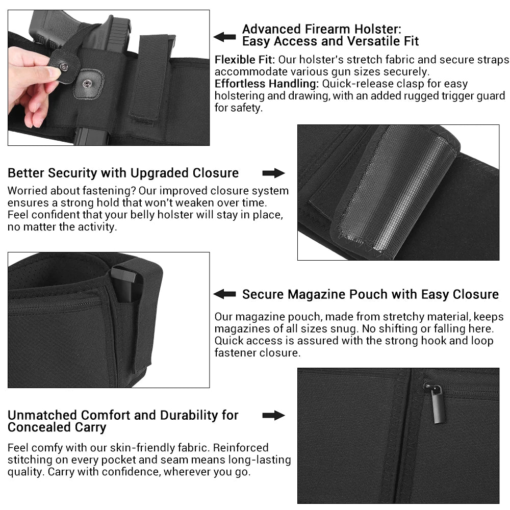 Belly Band Gun Holster - Concealed Carry Waist Pistol Holster for Hunting, Fitness & Self-Defense