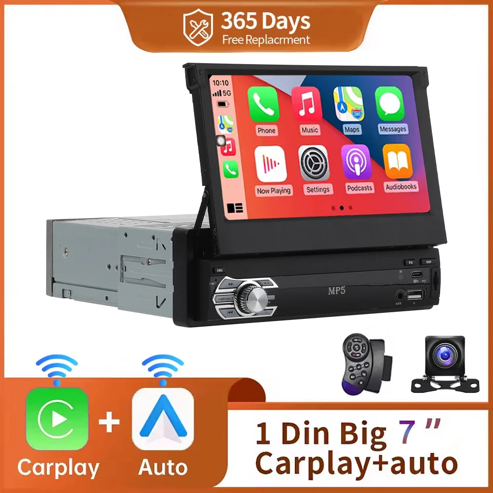 Universal 1-DIN 7" Car Stereo - Retractable Touchscreen MP5 Player with CarPlay, Android Auto, FM Radio & Mirror Link