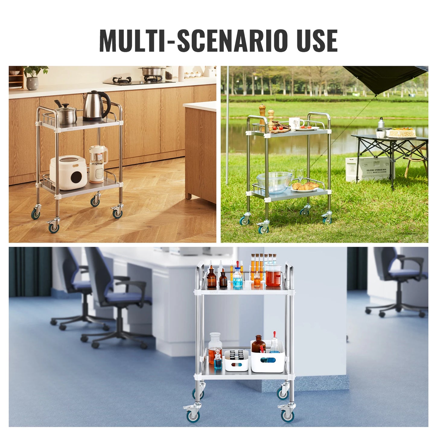 VEVOR 2-Shelf Stainless Steel Rolling Lab Cart – Utility & Serving Cart for Clinic, Laboratory, Hospital & Salon
