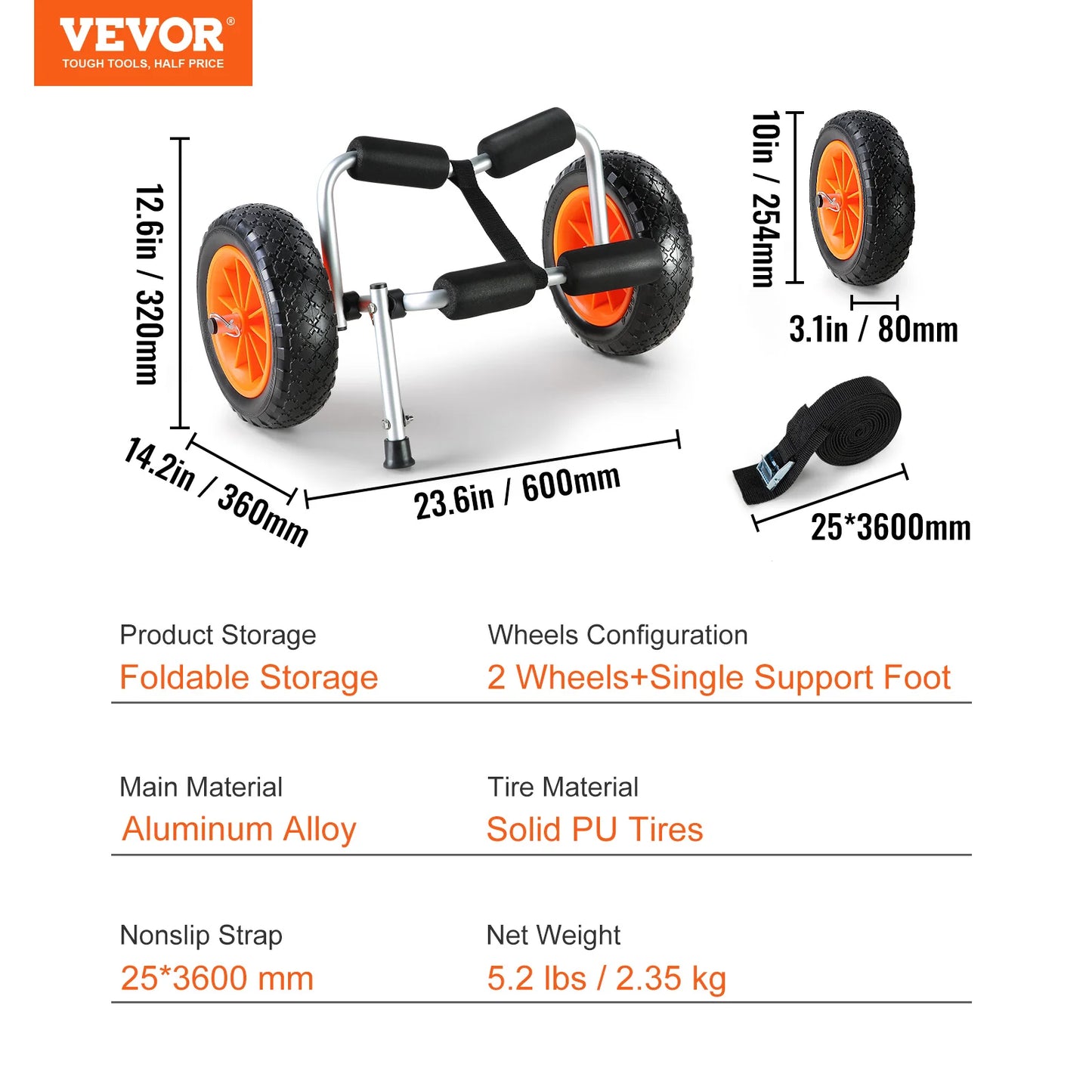 VEVOR Kayak Cart — 250lbs Foldable Canoe Trolley with 10" Tires & Support Foot for Paddleboards, Float Mats & Jon Boats