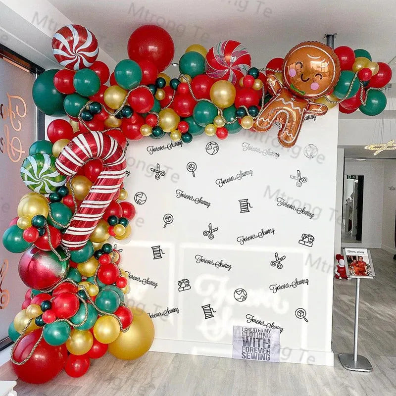 Christmas Balloon Garland Arch – Red & Green Balloons, Star, Santa, and Gift Box Foil Balloons for Xmas and New Year Decoration