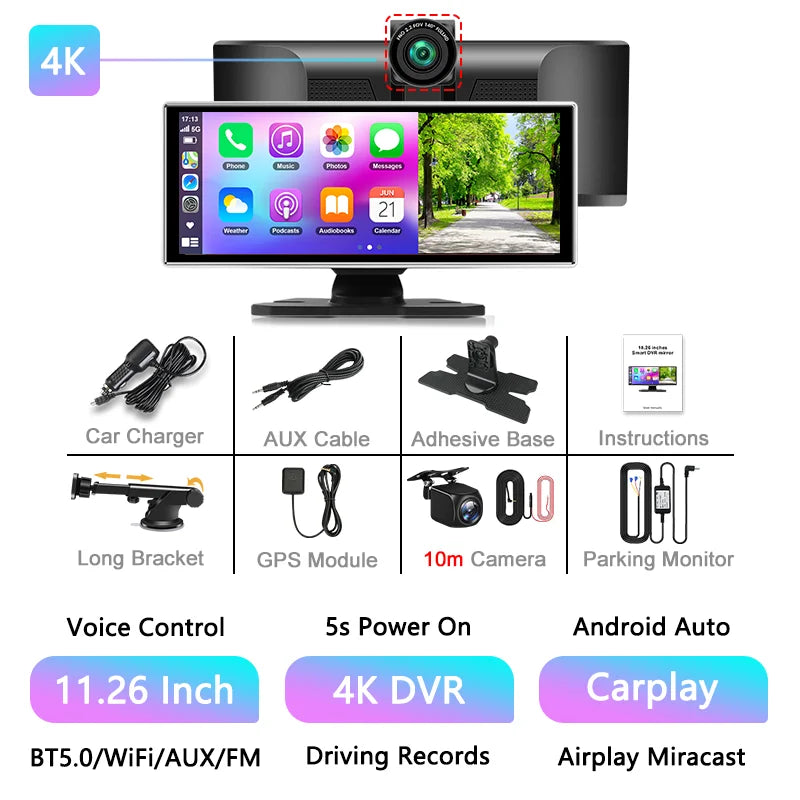 11.26" 4K Car DVR Dash Cam — Wireless CarPlay & Android Auto, Dual Lens Video Recorder with AI Screen, GPS Navigation, HD Dashboard Monitor