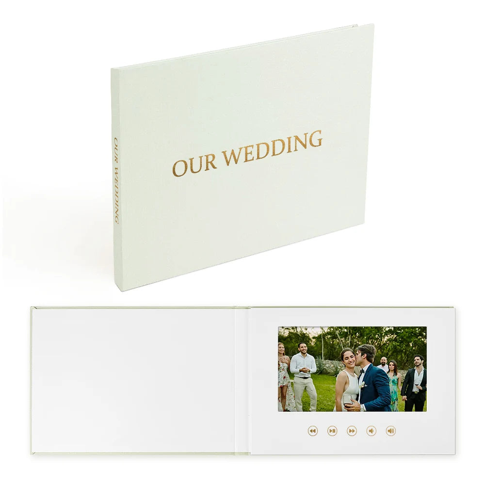 Luxury Linen Video Book Album – 7” IPS Wedding Video Player Book | 4GB Memory, Up to 3 Hours Video, Rechargeable Digital Photo & Video Album Gift
