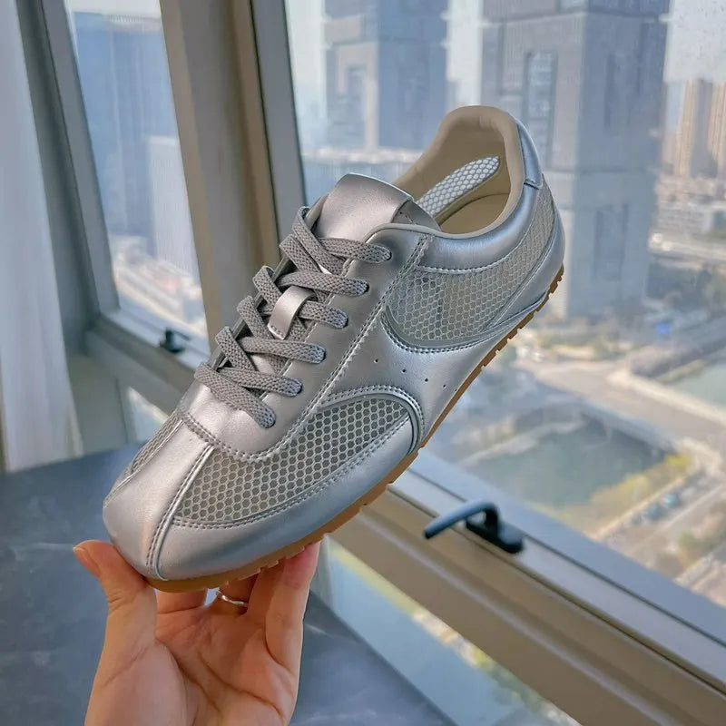 MORAZORA 2025 Women’s Split Leather Sneakers – Lace-Up Fashion Casual Flats in Beige & Pink