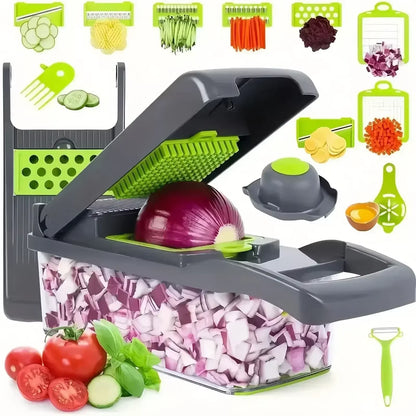 Multifunctional 14/16-in-1 Vegetable Chopper – Kitchen Food Grater, Slicer & Dicer with Handle