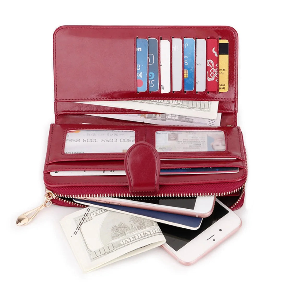Bright Wax Leather Long Wallet – Multi-Card Holder with Wristband & Card Pouch