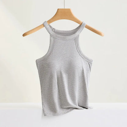 Women’s Threaded Halter Neck Camisole Top – Built-in Bra Slim Fit Elastic Breathable Sling Tank Top with Fixed Cups Underwear Style Basic Wear