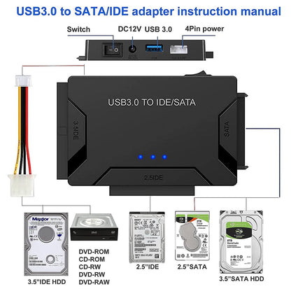 USB 3.0 to SATA IDE Adapter Cable – 3-in-1 Converter for 3.5/2.5 inch HDD/SSD, CD/DVD ROM, CD-RW
