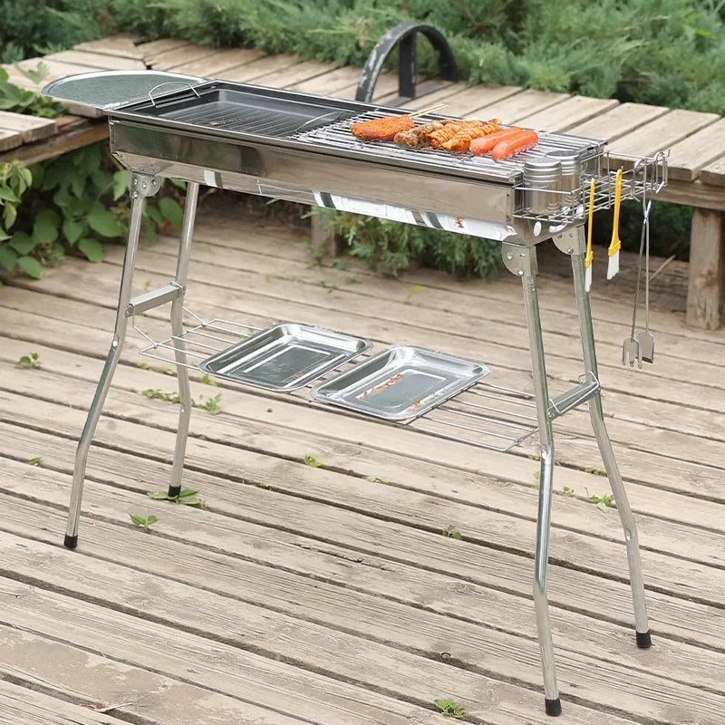 Portable Stainless Steel Charcoal Grill - Large Folding BBQ Cooker with Handle for Outdoor Camping & Barbecue