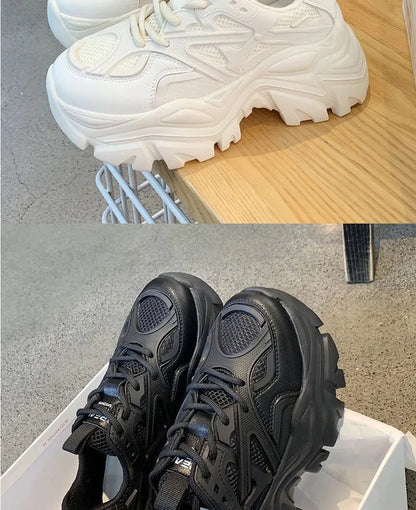 2024 Women's Fashion Platform Sport Shoes - Chunky Black Mesh Leather Casual Sneakers for Summer
