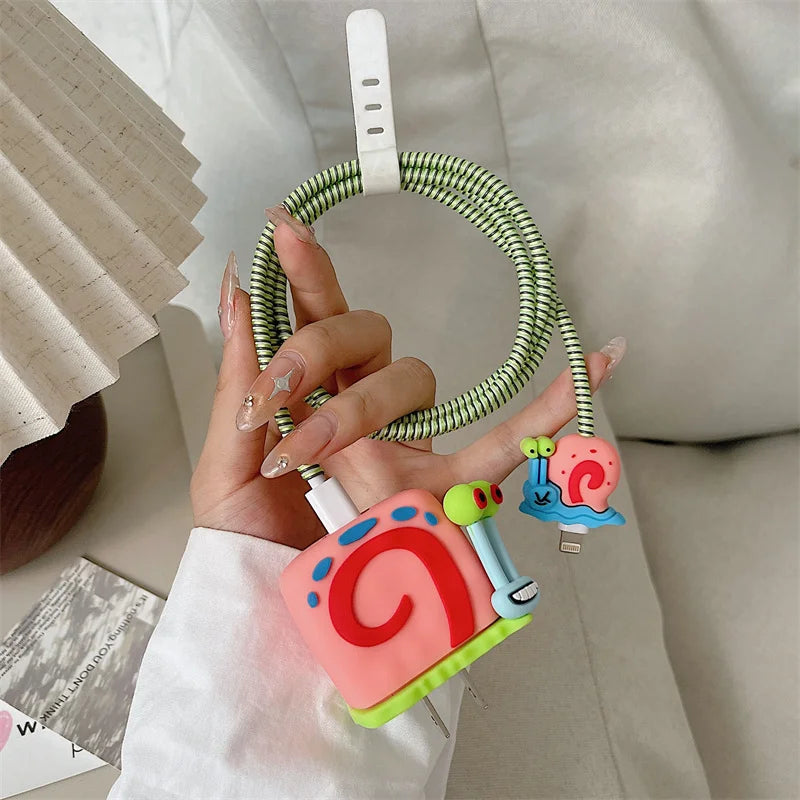 Cute Cartoon Snail Pattern Shockproof Bumper Case for iPhone Charger – 18W/20W Portable USB Cord Protect Cover