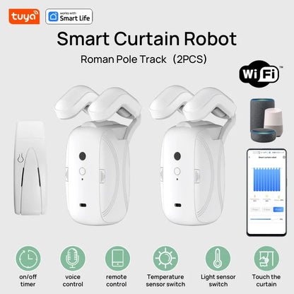 Tuya Smart Wifi Curtain Robot – Remote & Voice Control, Roman Rod Track, Single/Double Opening, 1/2PCS with Gateway
