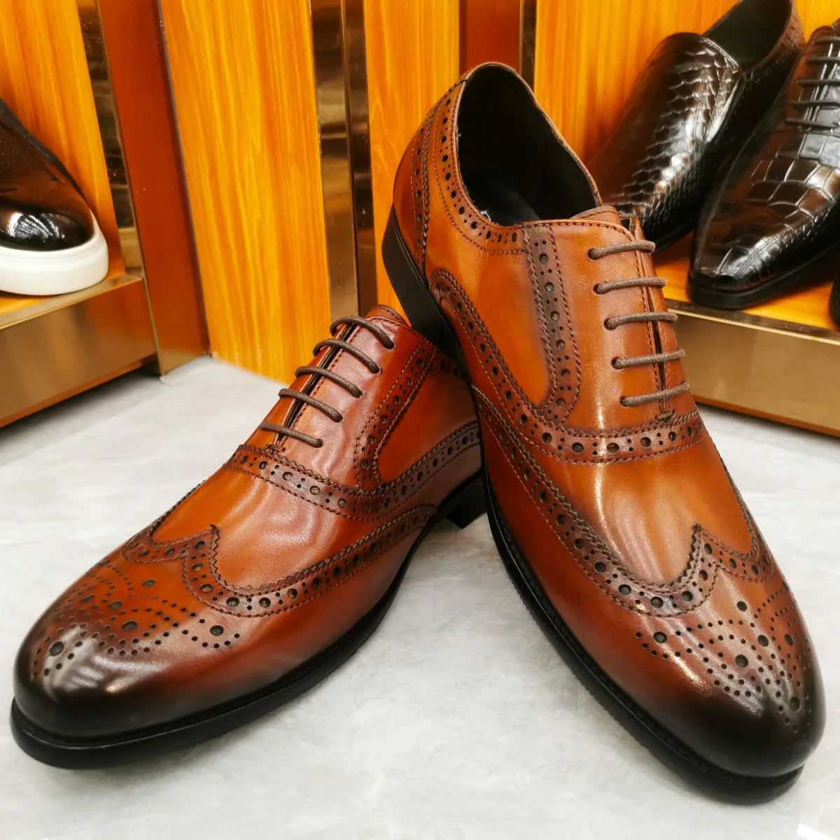 Men’s Genuine Leather Wingtip Oxford Shoes - Luxury Brogue Lace-Up Black and Brown Business Wedding Dress Shoes